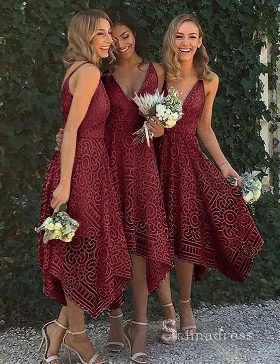 A-line V neck Lace Bridesmaid Dress Tea Length Cheap Bridesmaid Dresses BRD022