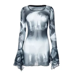 Abstract Printed Mesh Dress Transparent Flared Long Sleeve Short Dresses for Women Trashy Y2k Streetwear P85-CB15