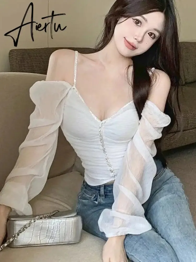 Aiertu Autumn Pink Sexy Elegant Blouse Women Ruffled Backless Korean Designer Tops Female Puff Sleeve Fashion Casual Blouse 2023 New