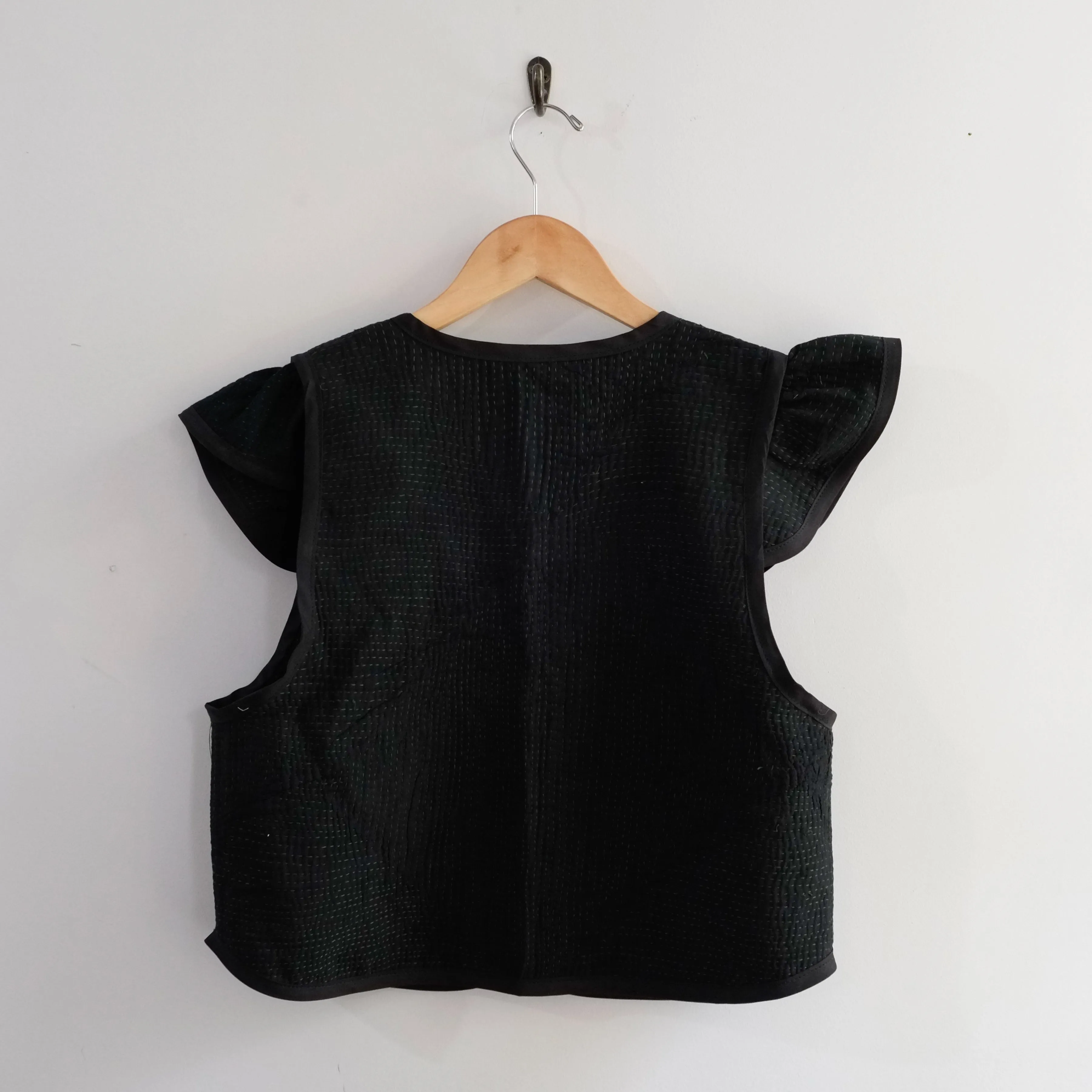 Amelia Flutter Sleeve Vest Black with Green Stitching S014