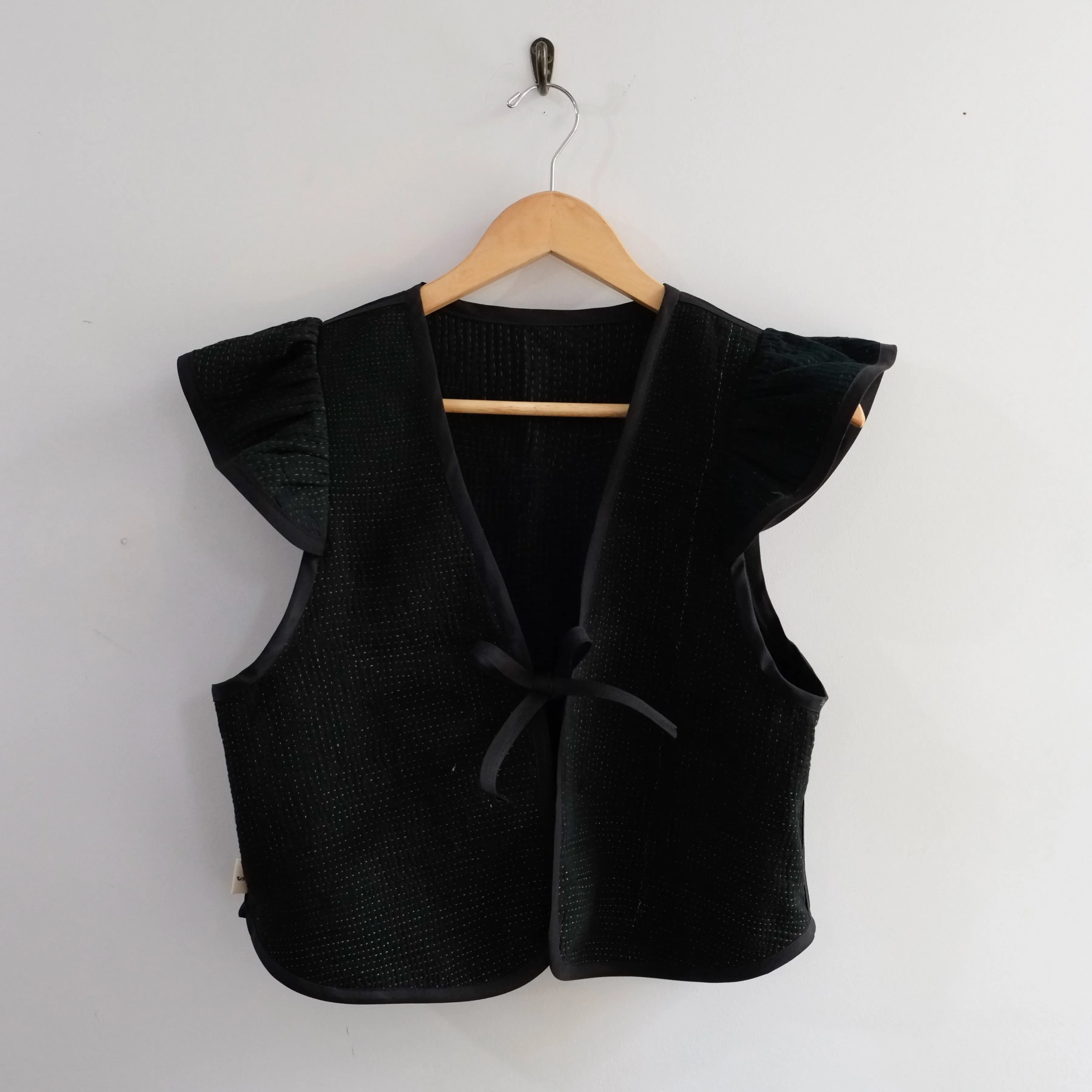 Amelia Flutter Sleeve Vest Black with Green Stitching S014