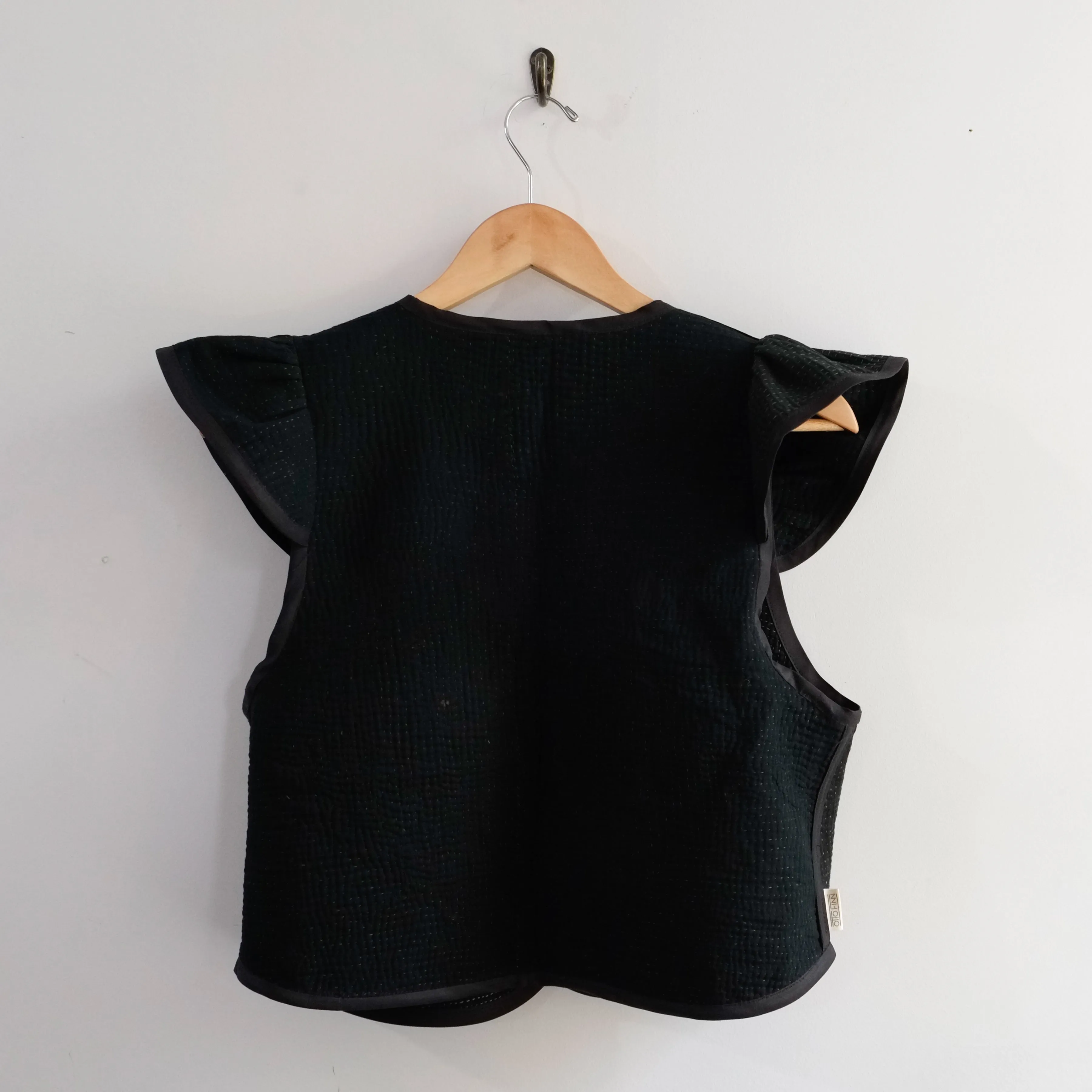 Amelia Flutter Sleeve Vest Black with Green Stitching S014