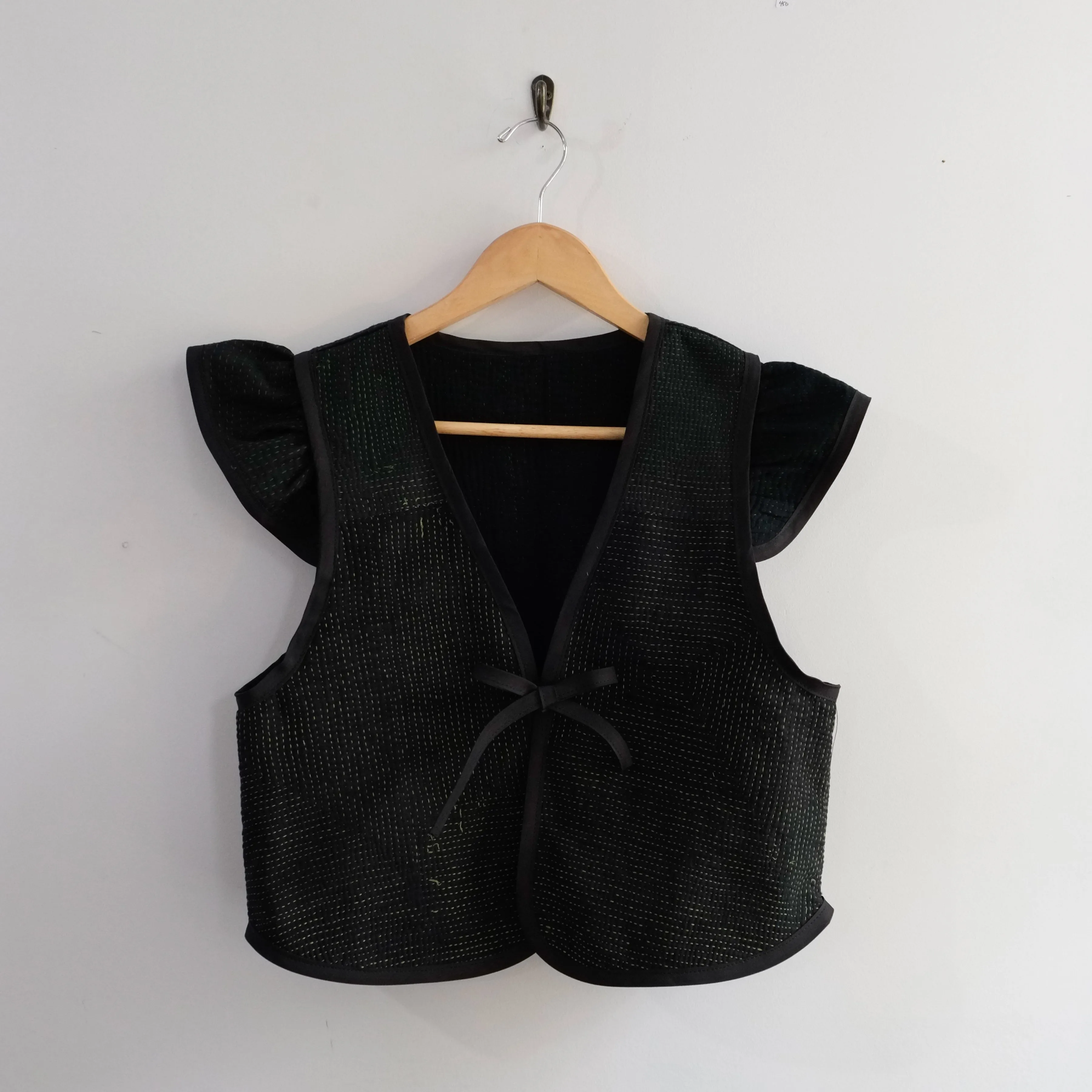 Amelia Flutter Sleeve Vest Black with Green Stitching S014