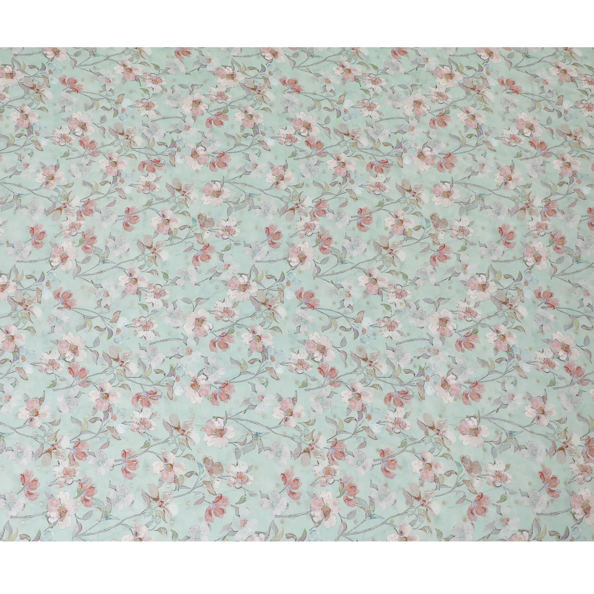 Aqua Blue and Pink Floral Synthetic Organza Fabric - 110 cm Width, Made in India-D19655