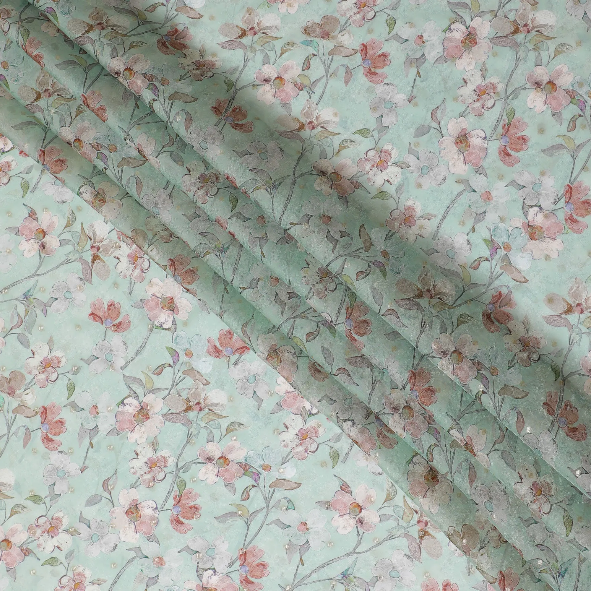 Aqua Blue and Pink Floral Synthetic Organza Fabric - 110 cm Width, Made in India-D19655