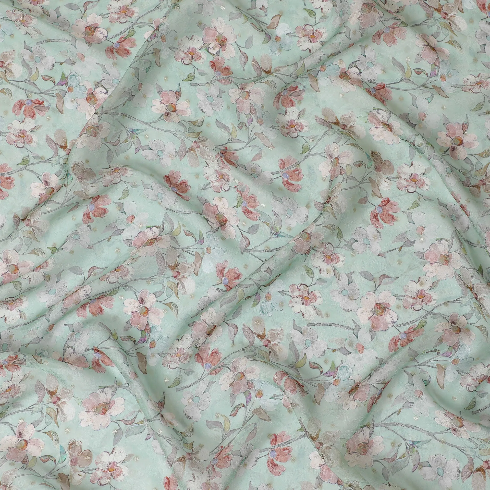 Aqua Blue and Pink Floral Synthetic Organza Fabric - 110 cm Width, Made in India-D19655