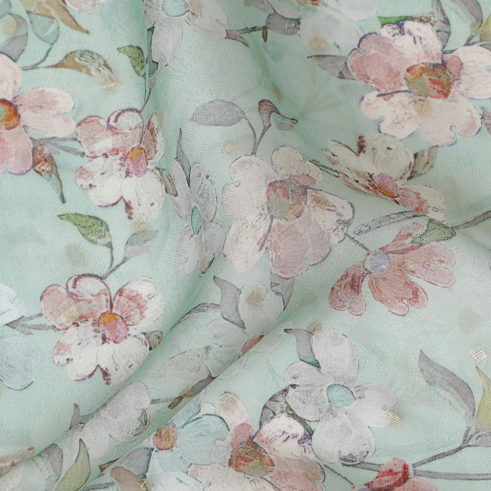 Aqua Blue and Pink Floral Synthetic Organza Fabric - 110 cm Width, Made in India-D19655