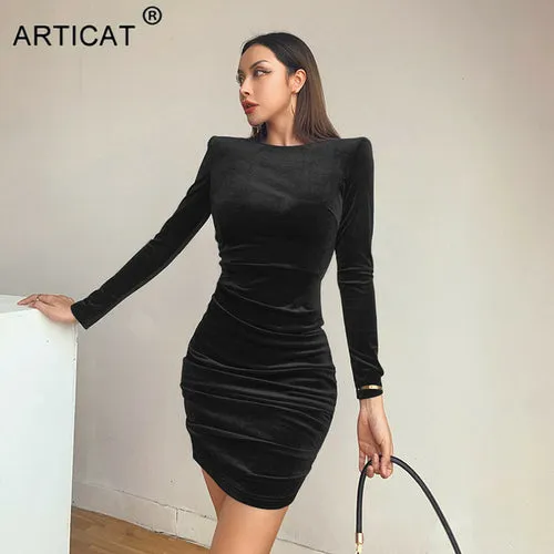 Articat Suede Shoulder Pads Mini Dress Women Dress Solid Long Sleeve