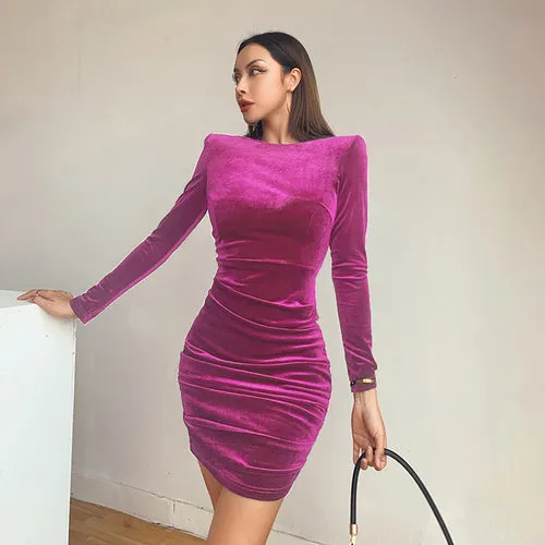 Articat Suede Shoulder Pads Mini Dress Women Dress Solid Long Sleeve