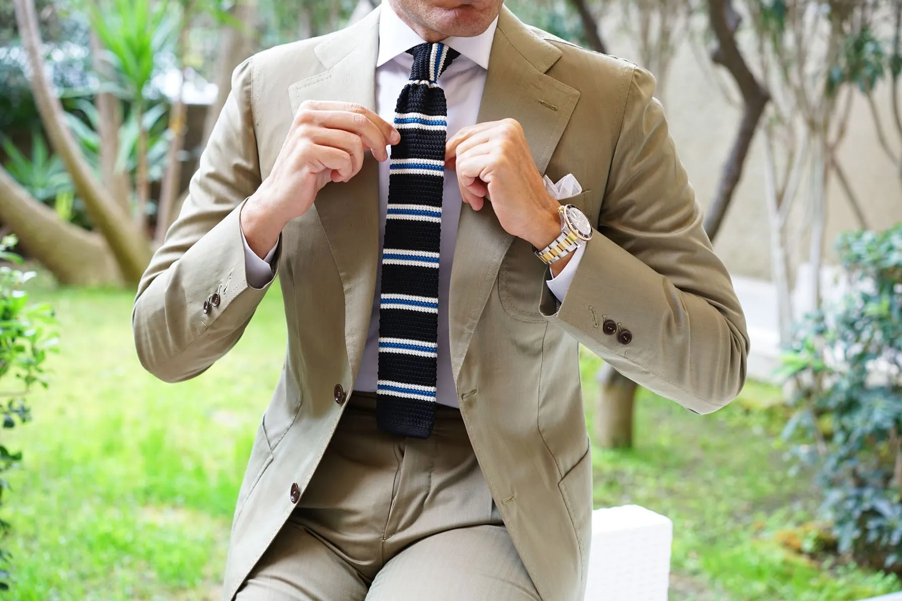 Black Knitted Tie with White & Blue Teal Stripes