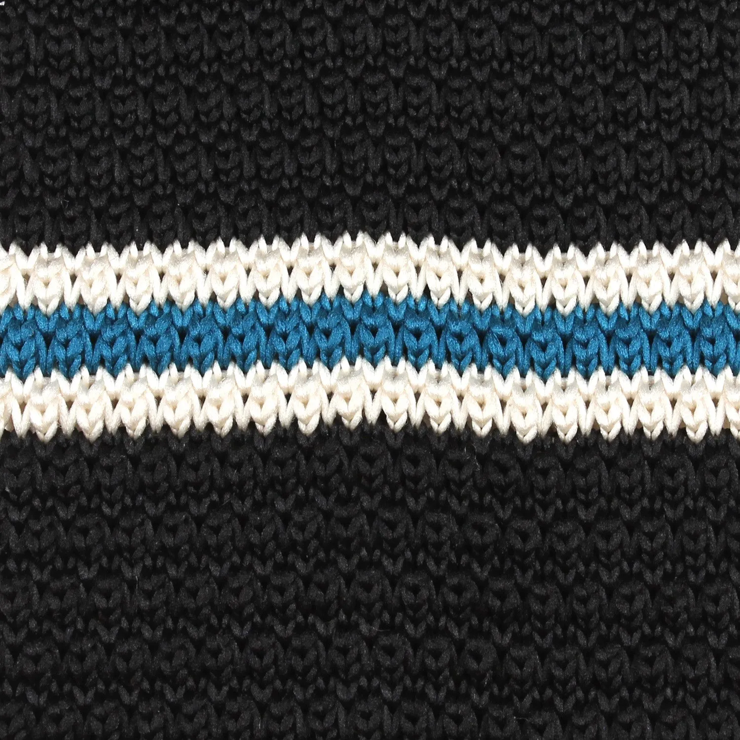 Black Knitted Tie with White & Blue Teal Stripes