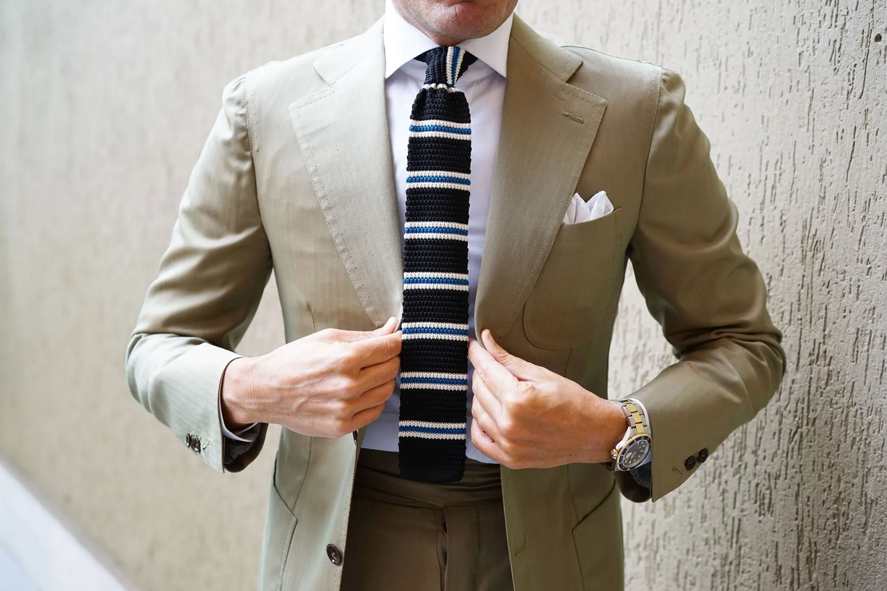 Black Knitted Tie with White & Blue Teal Stripes