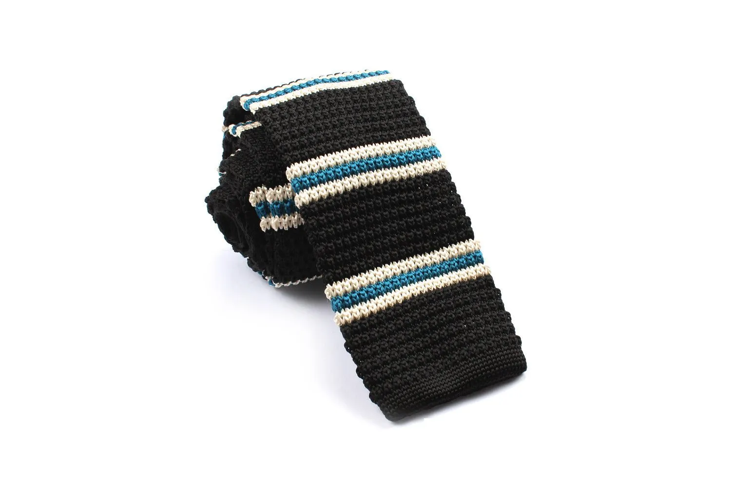 Black Knitted Tie with White & Blue Teal Stripes