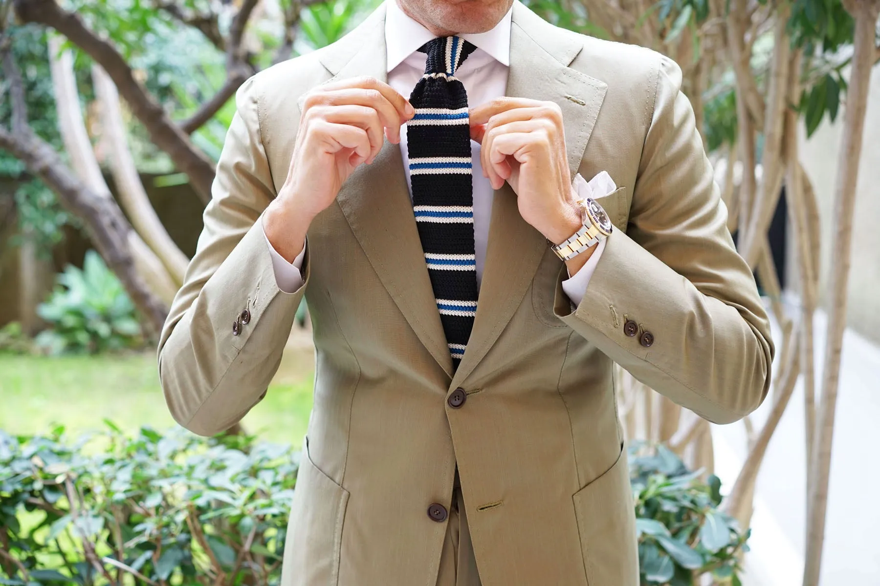 Black Knitted Tie with White & Blue Teal Stripes