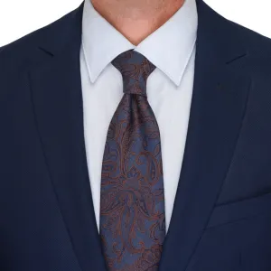 Blue and Brown Paisley Motif Woven Silk Tie