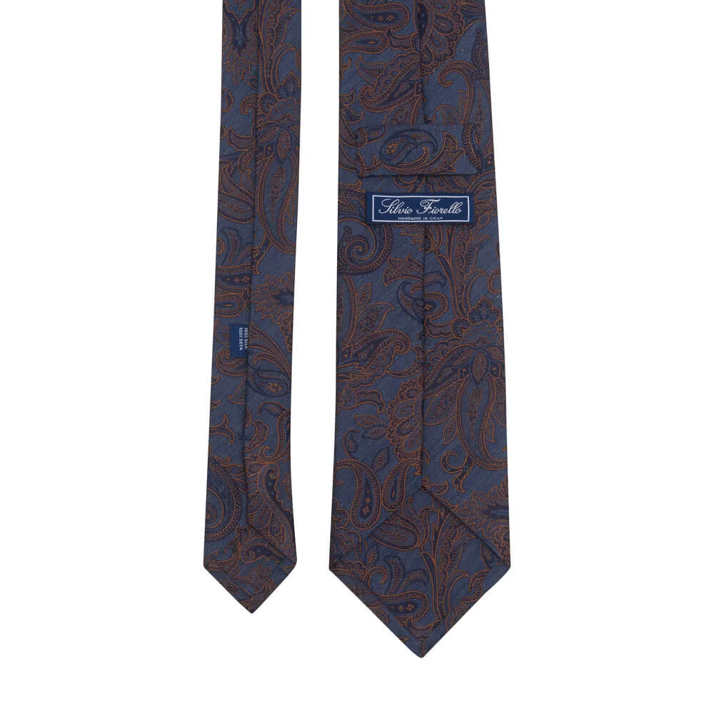 Blue and Brown Paisley Motif Woven Silk Tie