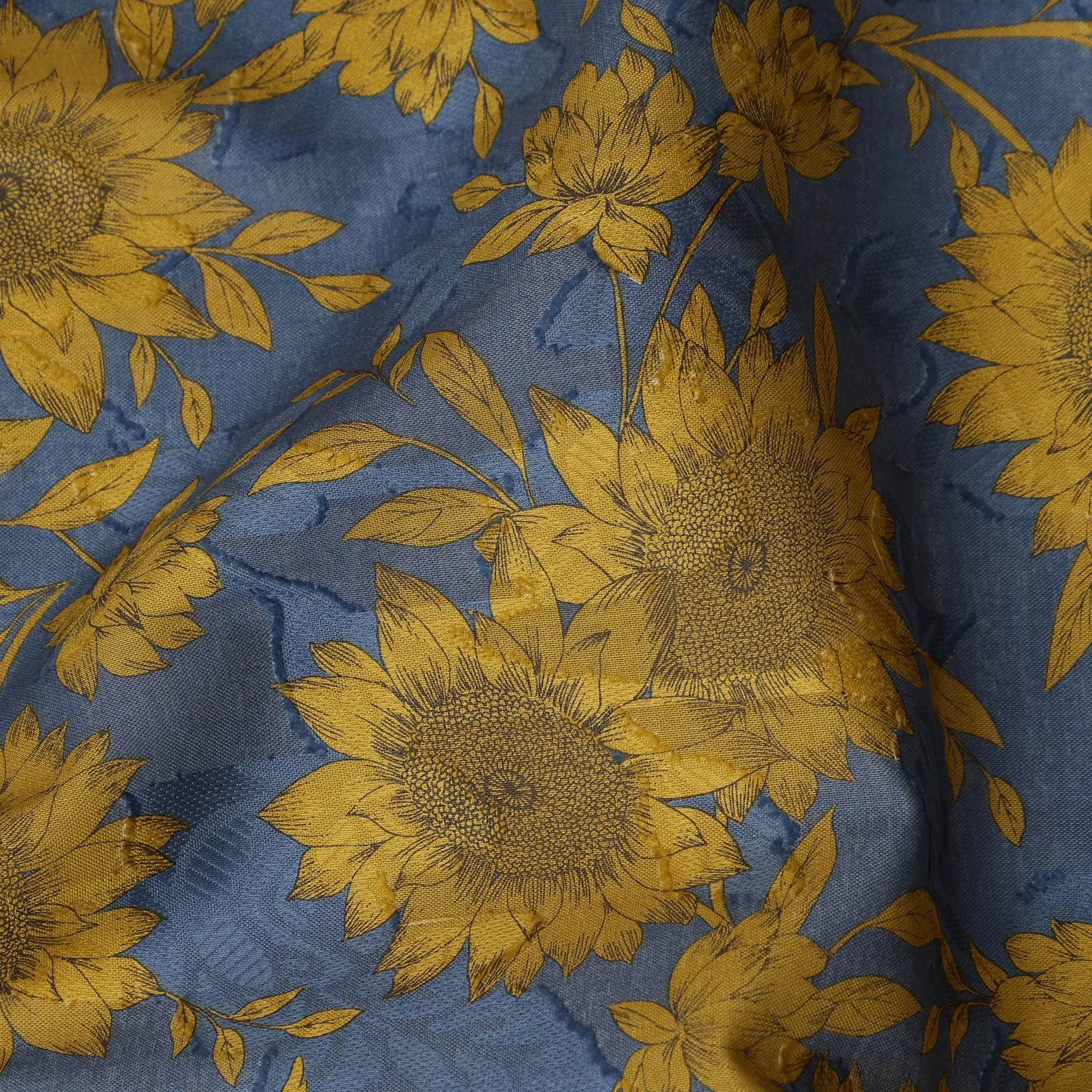 Blue and Mustard Floral Cotton Uragiri Voile with Jacquard, 110 cm Width-D20571