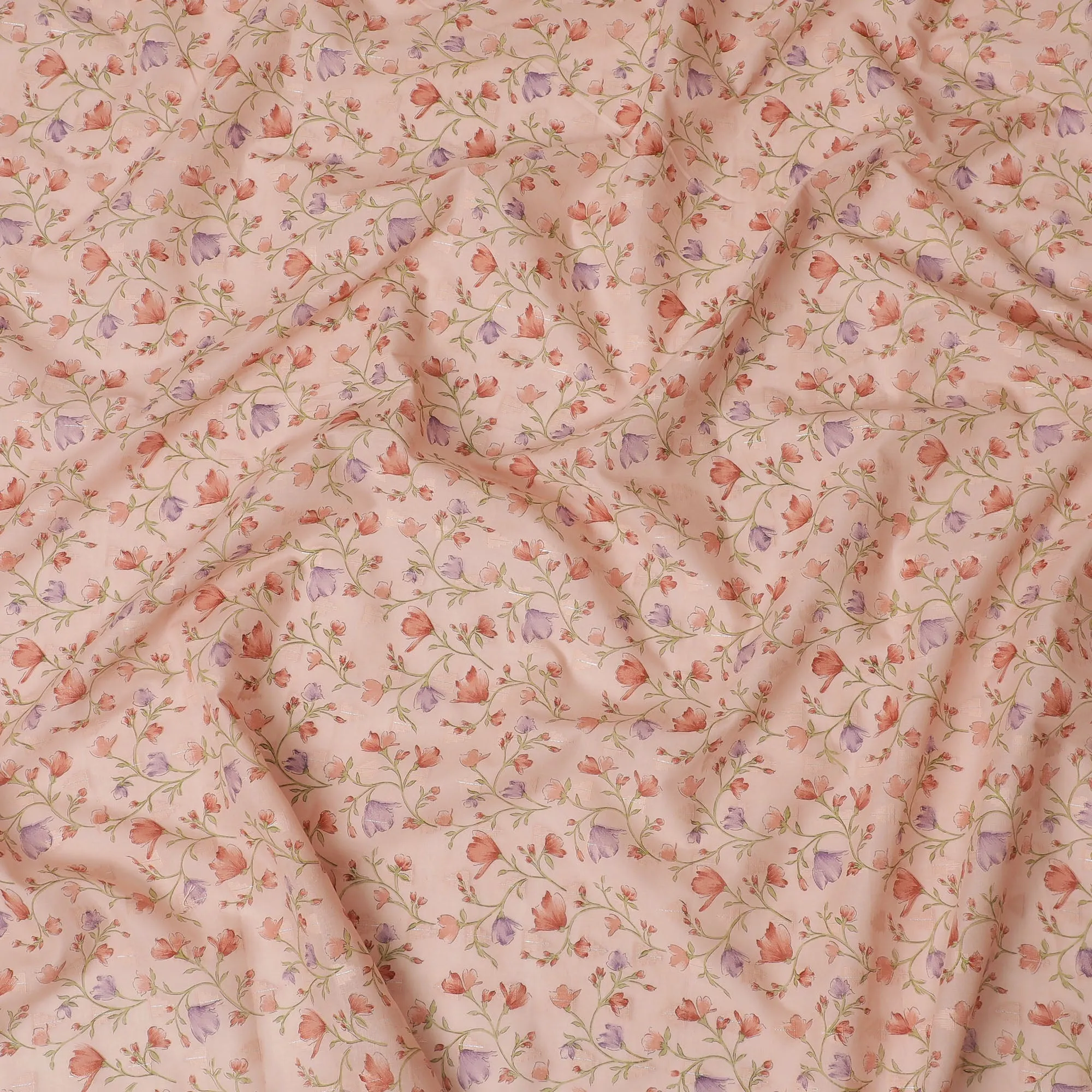 Blush Pink Cotton Voile Fabric with Delicate Purple Floral Print, 110 cm Wide - Whimsical Indian Craftsmanship-D18987