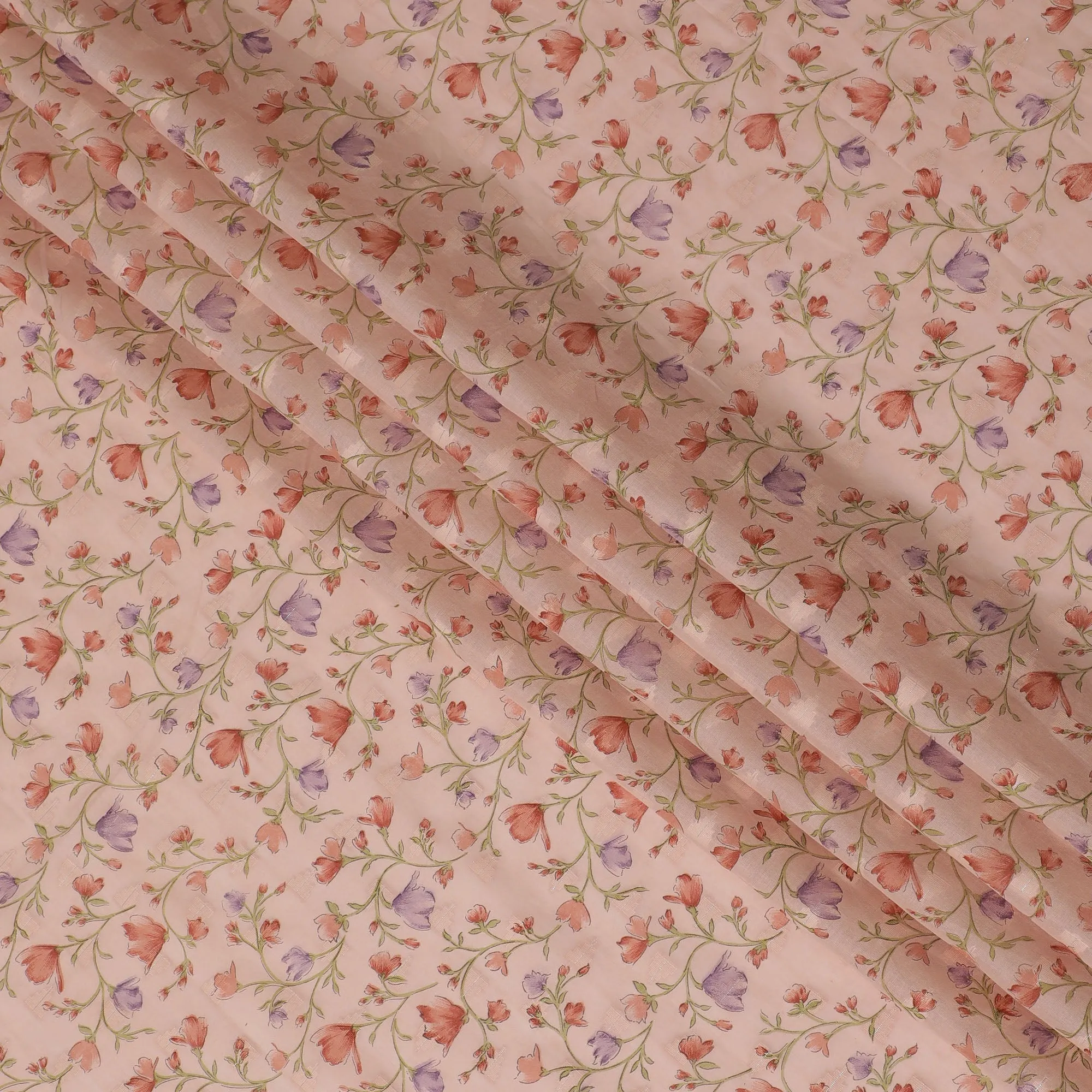 Blush Pink Cotton Voile Fabric with Delicate Purple Floral Print, 110 cm Wide - Whimsical Indian Craftsmanship-D18987