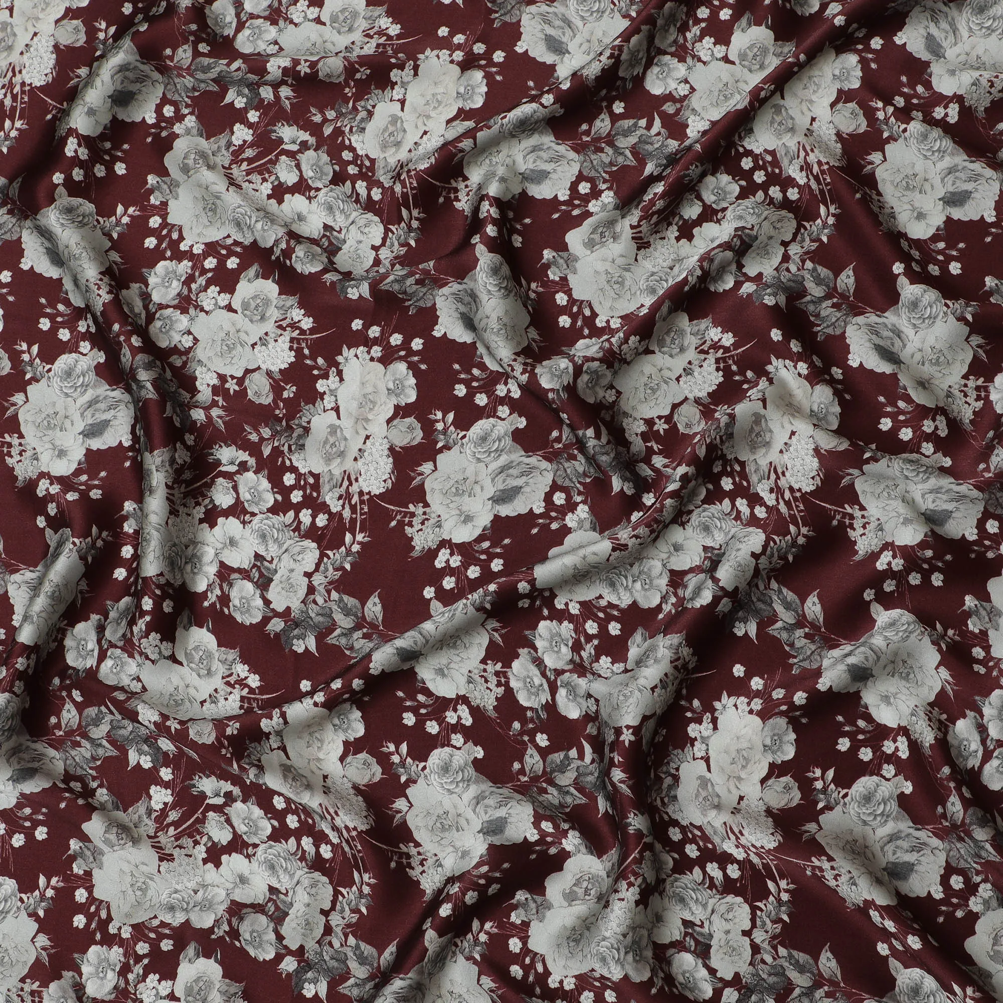 Burgundy & Grey Floral Silk Satin Fabric with Mirror Work - 110 cm Width-D20287