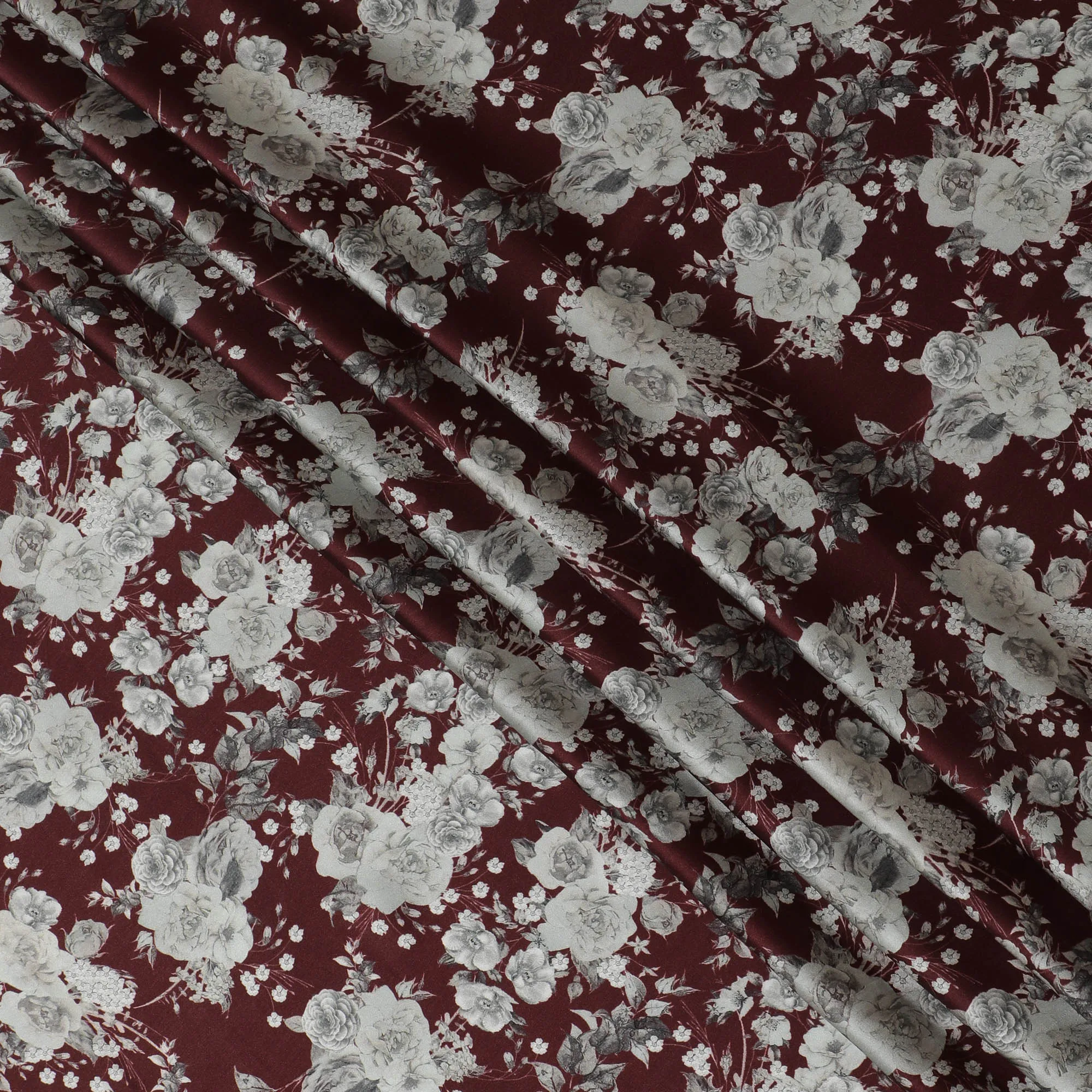 Burgundy & Grey Floral Silk Satin Fabric with Mirror Work - 110 cm Width-D20287