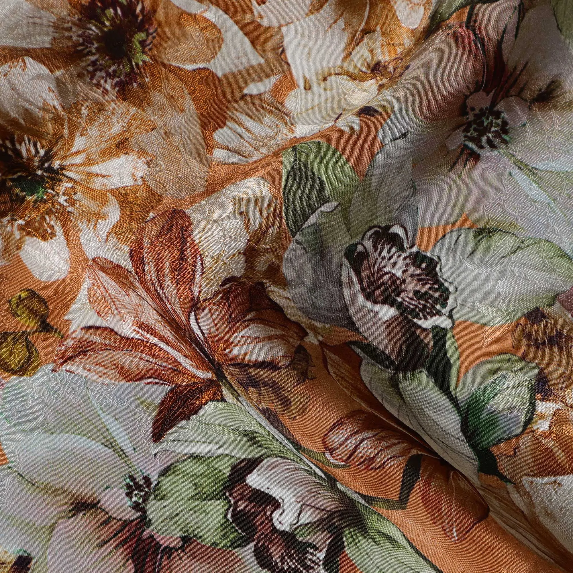 Burnt Orange Indian Viscose Modal Satin Fabric, Large Floral Print, 110 cm Width-D20939