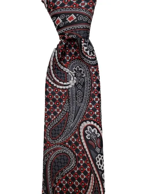 Charcoal Gray, Red, Black & Silver Paisley Tie