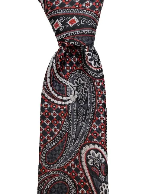 Charcoal Gray, Red, Black & Silver Paisley Tie