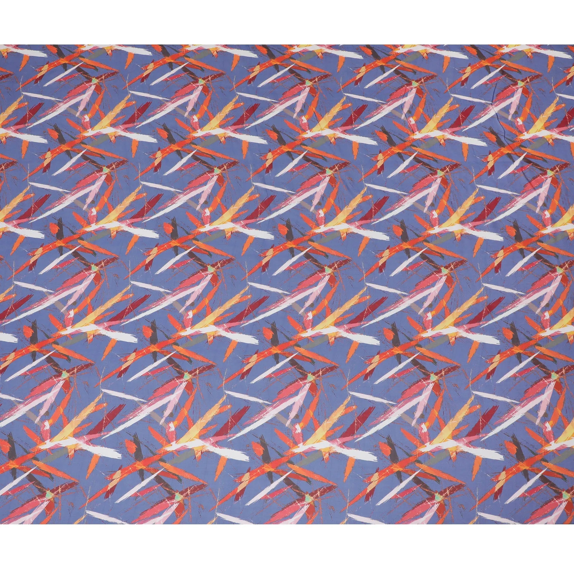 Contemporary Blue Synthetic Chiffon Fabric with Red and Orange Abstract Strokes, 140 cm Wide-D19113