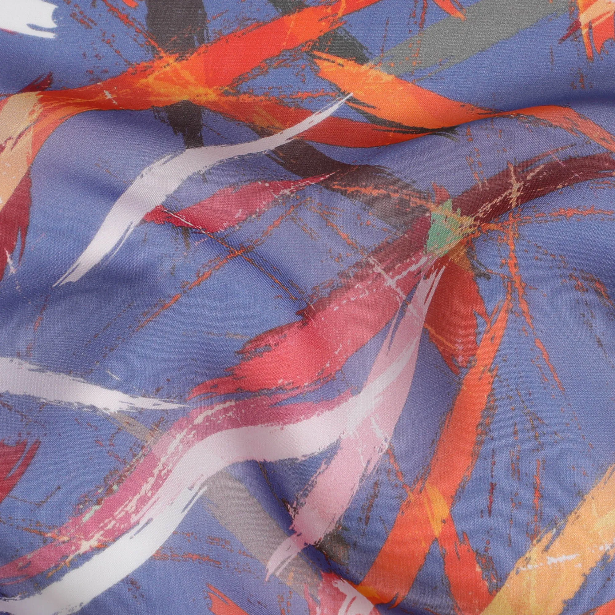 Contemporary Blue Synthetic Chiffon Fabric with Red and Orange Abstract Strokes, 140 cm Wide-D19113