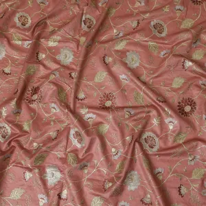 Coral Pink Cotton Silk Fabric with Gold and White Floral Embroidery, 110 cm Width-D20439