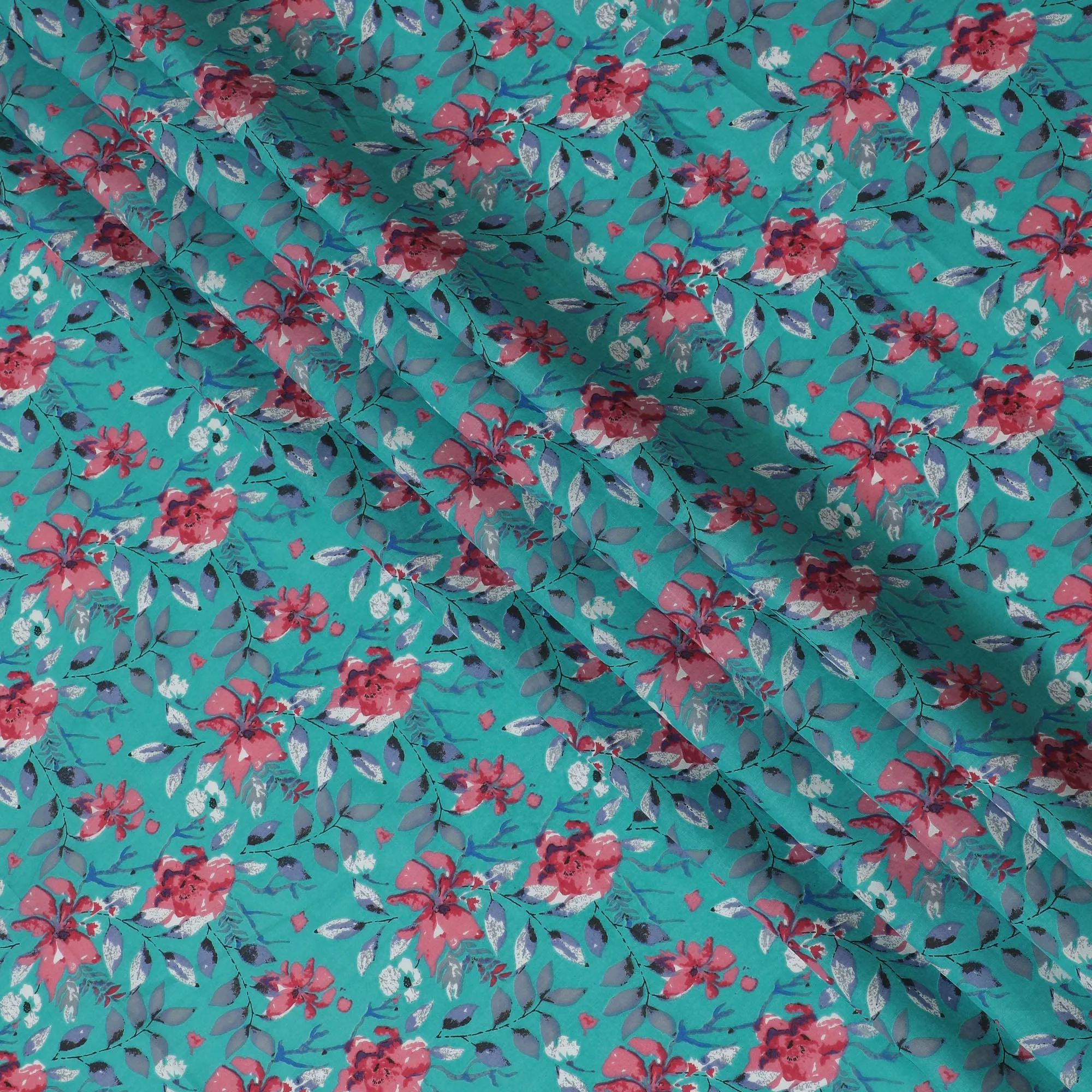 Cotton Lawn Fabric, 110 cm Width, Turquoise with Pink and Blue Floral Design-D19969