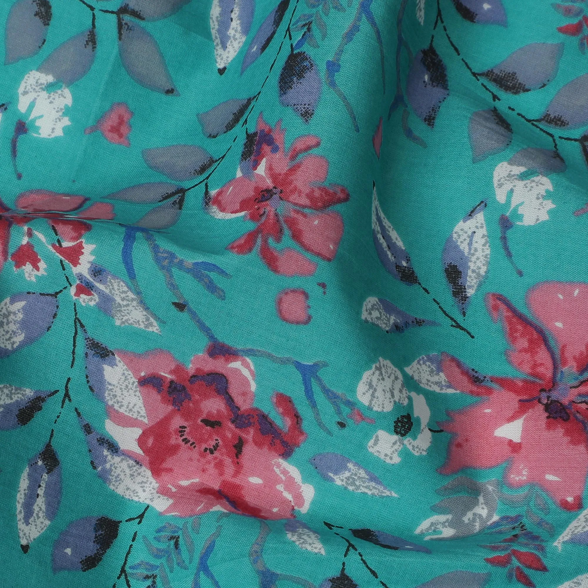 Cotton Lawn Fabric, 110 cm Width, Turquoise with Pink and Blue Floral Design-D19969