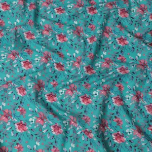 Cotton Lawn Fabric, 110 cm Width, Turquoise with Pink and Blue Floral Design-D19969