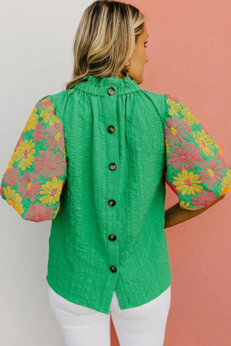 Crinkled Bright Green Ruffled Floral Blouse