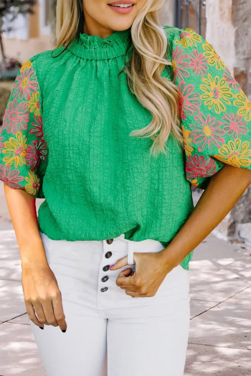 Crinkled Bright Green Ruffled Floral Blouse