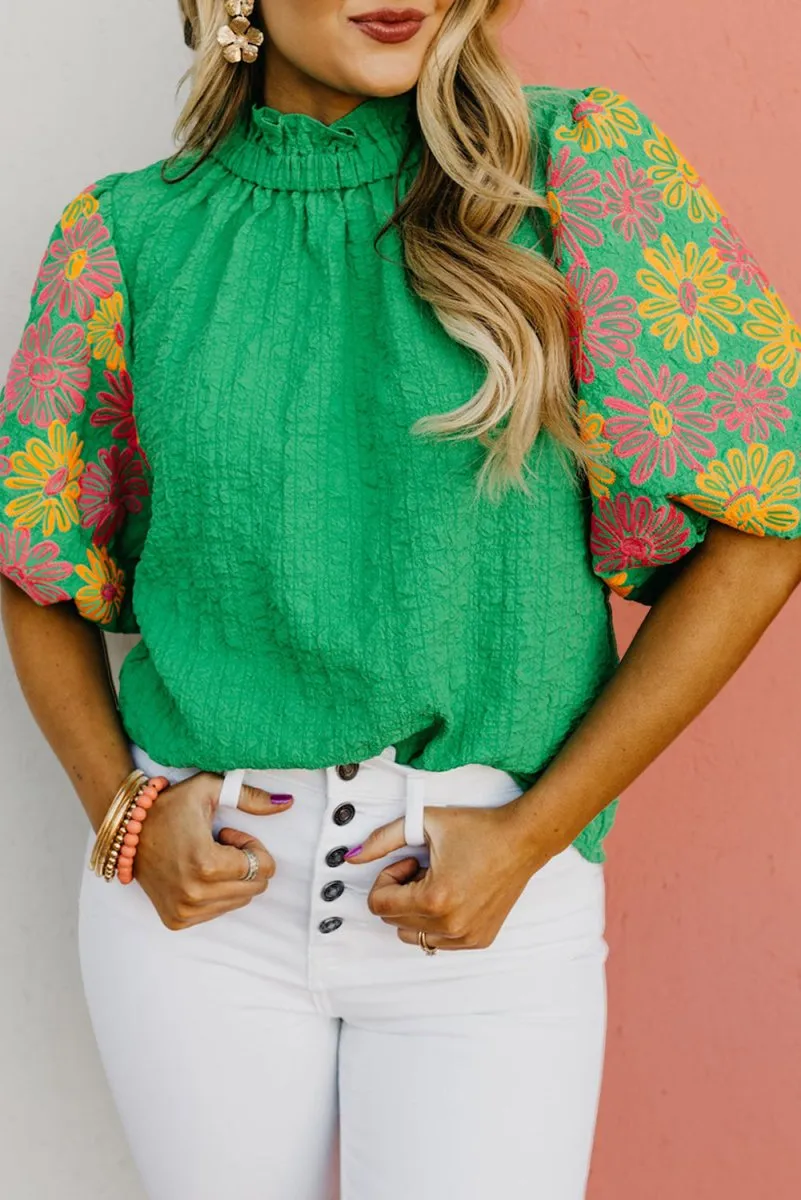 Crinkled Bright Green Ruffled Floral Blouse