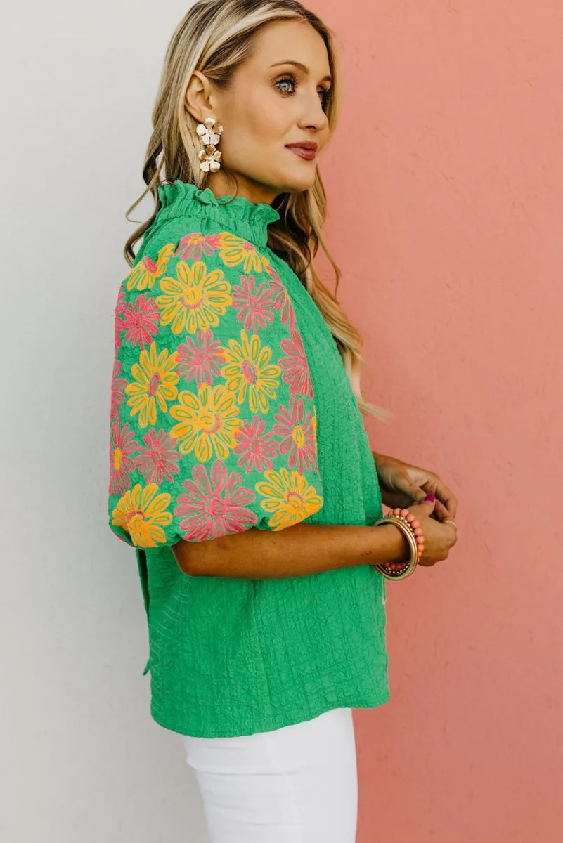 Crinkled Bright Green Ruffled Floral Blouse