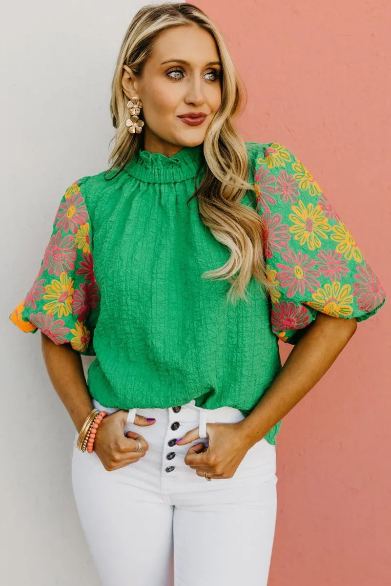 Crinkled Bright Green Ruffled Floral Blouse