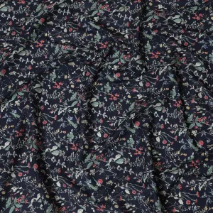 Elegant Navy blue Floral Cotton Lawn Fabric with Red and Green Blossoms, 110 cm Wide, Japanese Design-D19558