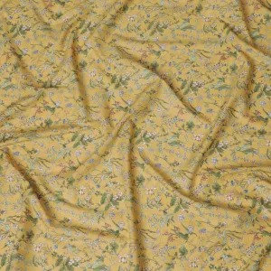 Elegant Yellow Floral Cotton Lawn Fabric with Green and Blue Blossoms, 110 cm Wide, Japanese Design-D19559