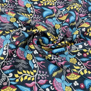 Exclusive Black Multicolor Floral Print Slub Tusser Silk