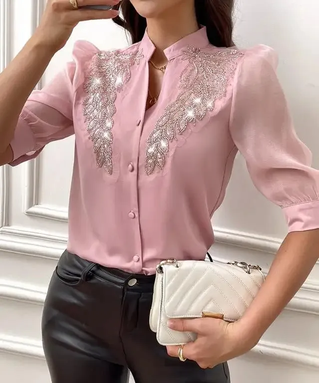 Floral Leaf Pattern Sequin Beaded Blouse