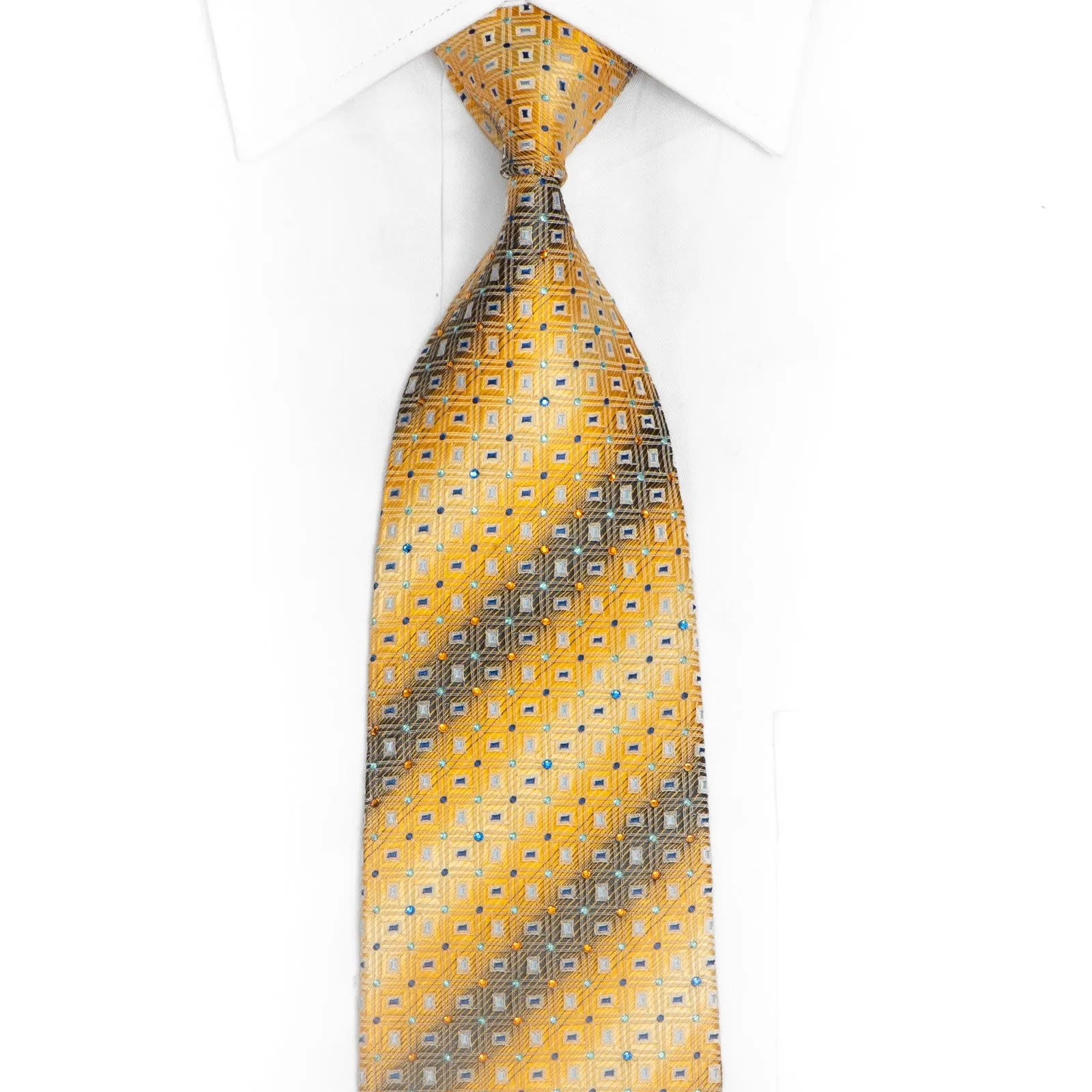 Geometric On Yellow Rhinestone Silk Necktie With Blue Sparkles