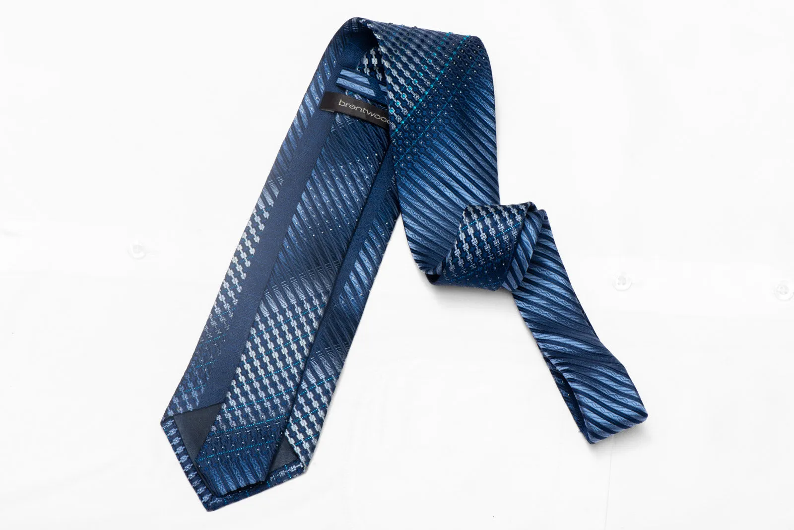 Geometric Striped Design On Blue Rhinestone Silk Necktie With Sparkles