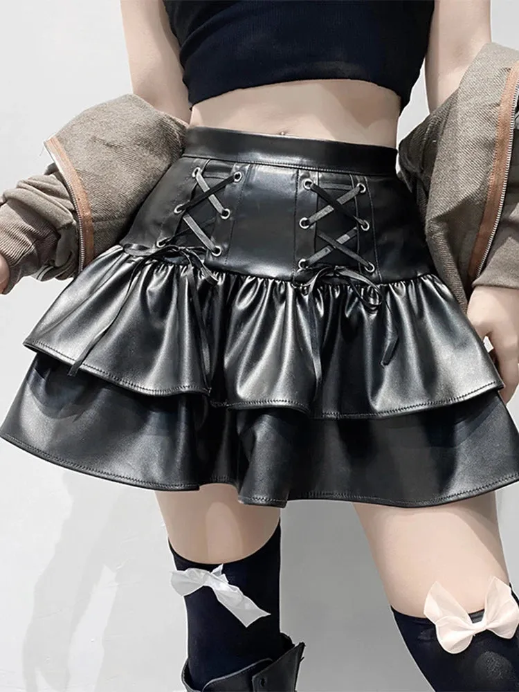 Girlary  Mall Goth Punk PU Skirt Women Dark Gothic Vintage Bandage High Waist Lolita Skirt Harajuku Streetwear Emo Alt Clubwear