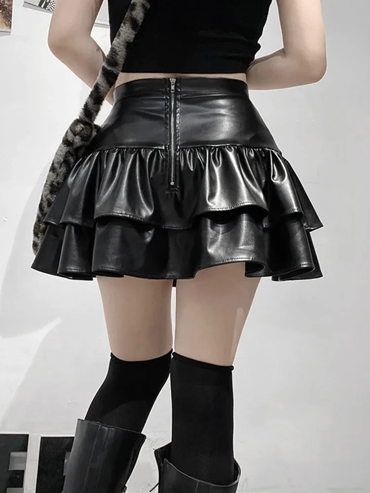 Girlary  Mall Goth Punk PU Skirt Women Dark Gothic Vintage Bandage High Waist Lolita Skirt Harajuku Streetwear Emo Alt Clubwear