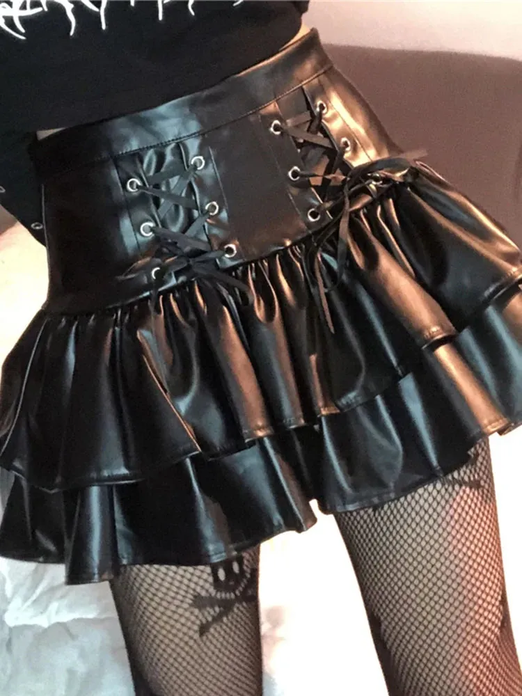 Girlary  Mall Goth Punk PU Skirt Women Dark Gothic Vintage Bandage High Waist Lolita Skirt Harajuku Streetwear Emo Alt Clubwear