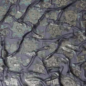 Graphite black Floral Premium pure silk Chiffon Fabric with golden metallic lurex, 110cm Wide â€“ South Korean Luxury Textile-D17676