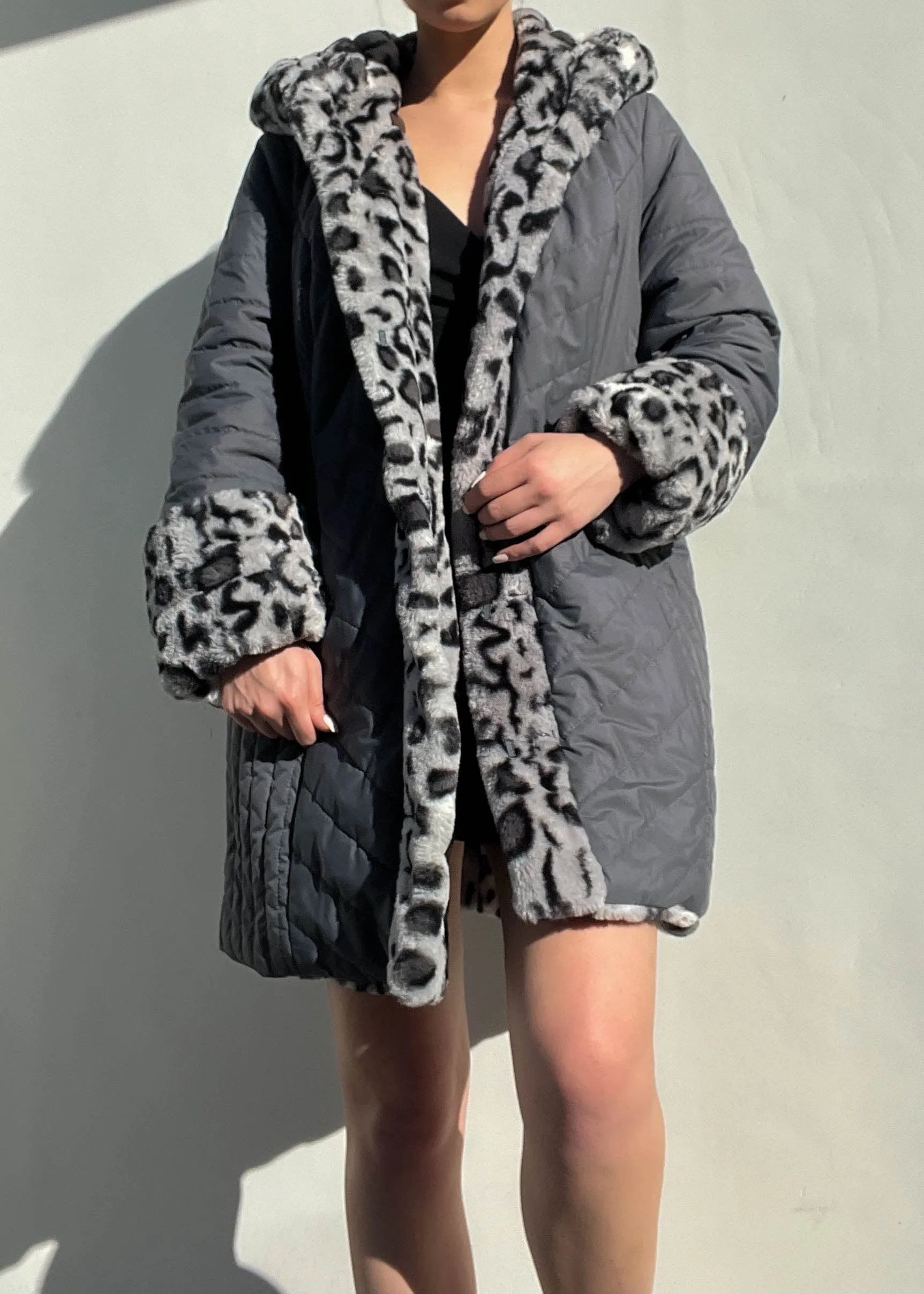 Gray Fuzzy Cheetah Coat (M)